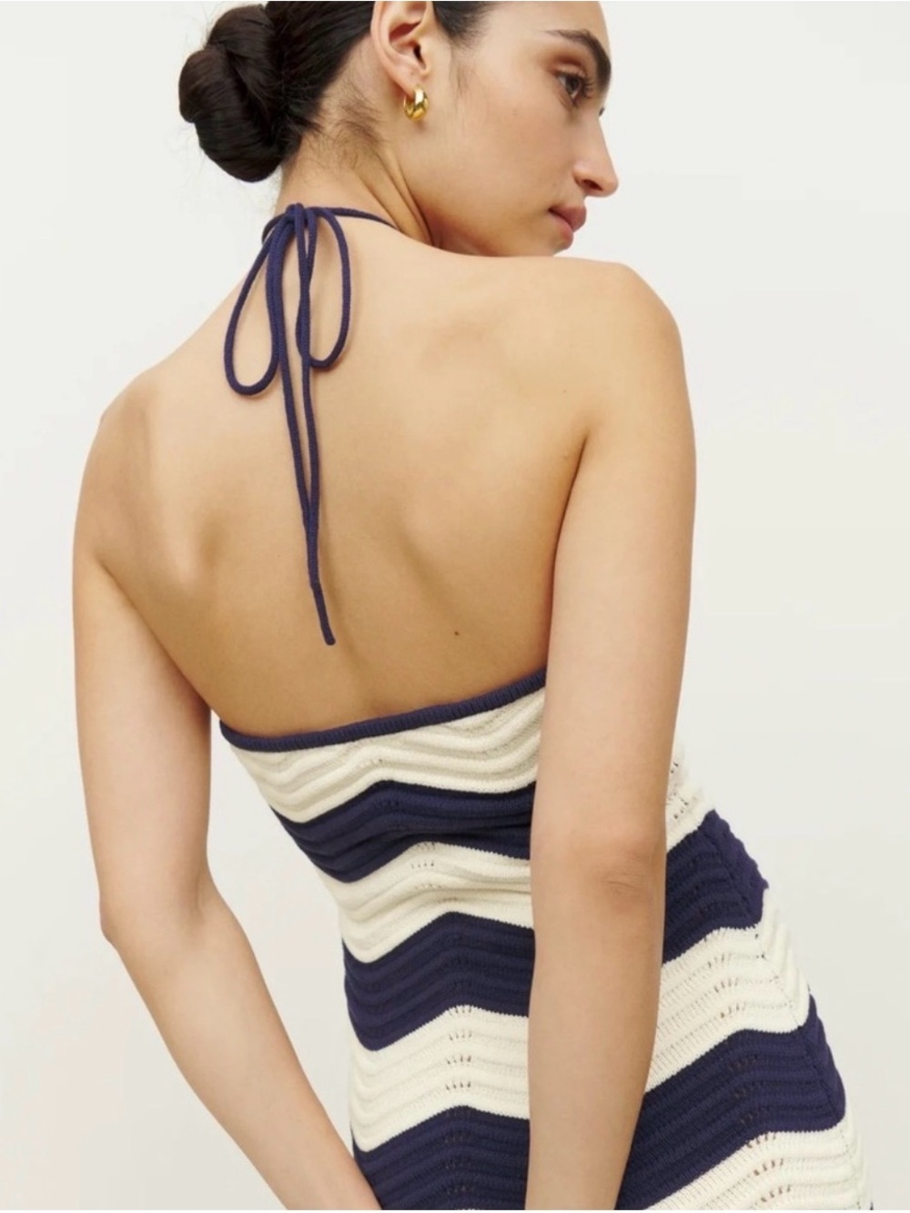 Reformation Genni Navy and Cream Halter Knit Crochet mini Dress size L - Picture 2 of 9